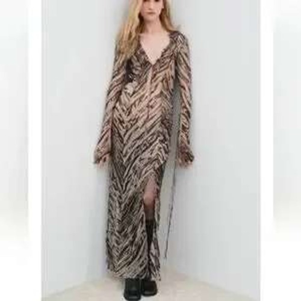 Zara Tiger Animal Print Ruffle V-Neck Maxi Dress Brown Tan XL
